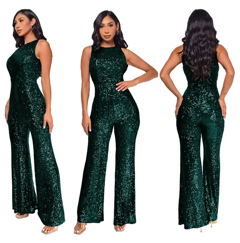 Bling Bling Sequined Club Jumpsuit Sexy Women O-neck Elegant Shiny Sliver Gold Sequins Straight Romper Overalls