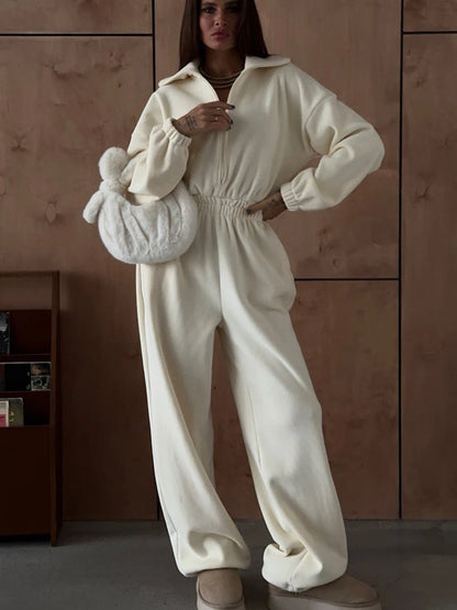 FSMG Casual Long Sleeve Half-Zip Sports Jumpsuits Women's Solid Loose Lapel Elastic Waist Tracksuits Comfy One-Piece Lounge Set