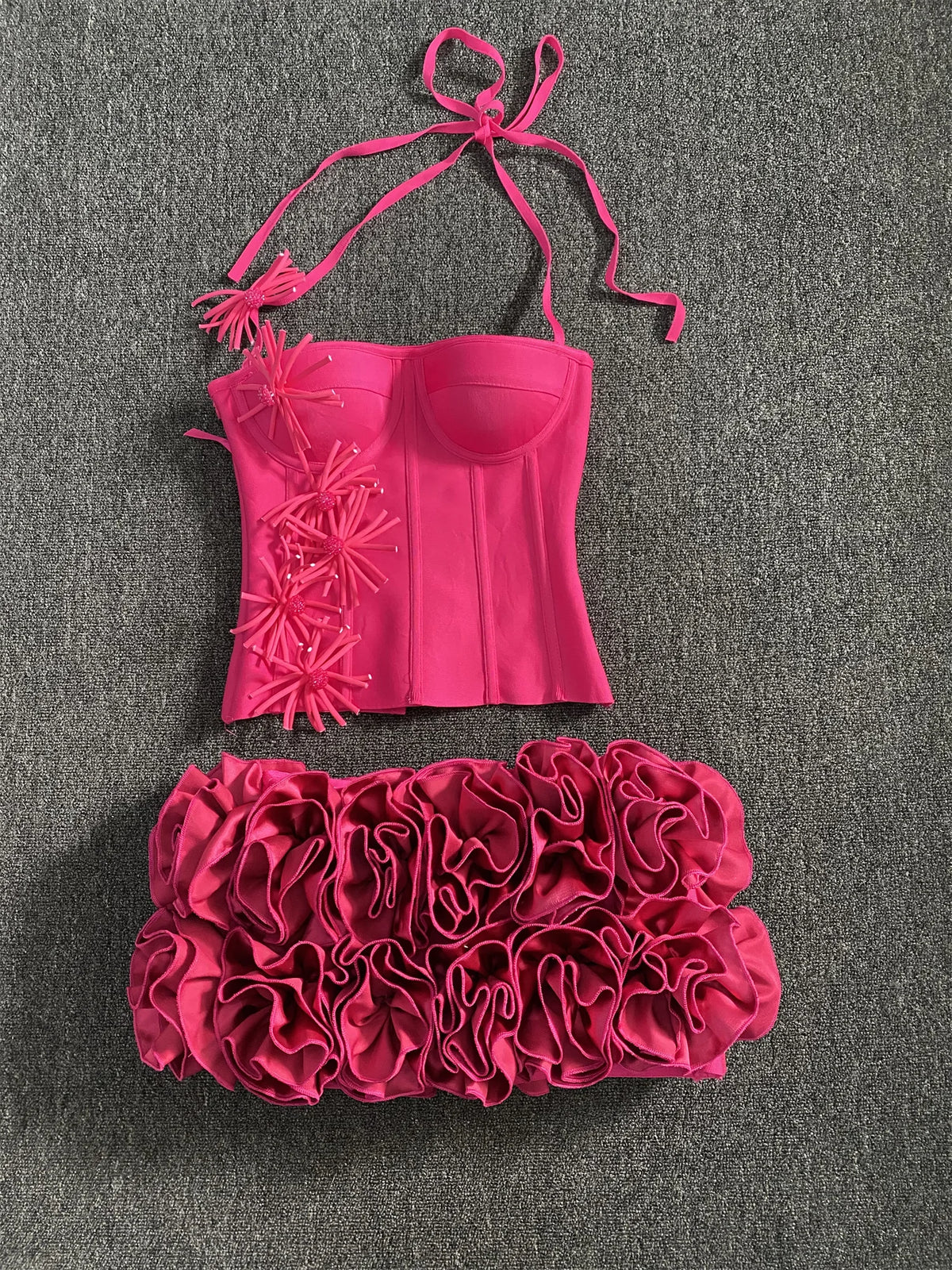 2025 New Hot Pink Bandage Skirt Sets Women Sexy Halter Bodycon Top And Flowers Mini Skirt Two Piece Sets Evening Party Outfit