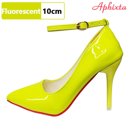 Aphixta Super Big Size 48 49 50 Belt Buckle Stiletto Heels Pumps Women Party Shoes 12cm/10cm Pimp Pointed Toe Metal Buckle
