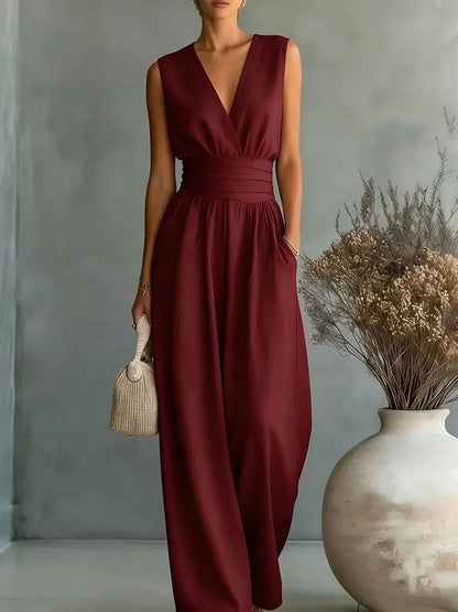 Women Elegant Linen V Neck Short Sleeve Jumpsuit Waist Cinched Wide Leg Long Pants Rompers with Pockets Casual Ladies Overalls