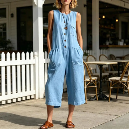 Women Summer Tank Jumpsuit Sleeveless Button Down Cropped Rompers Loose Wide-Leg Overall Pockets Hot Sale