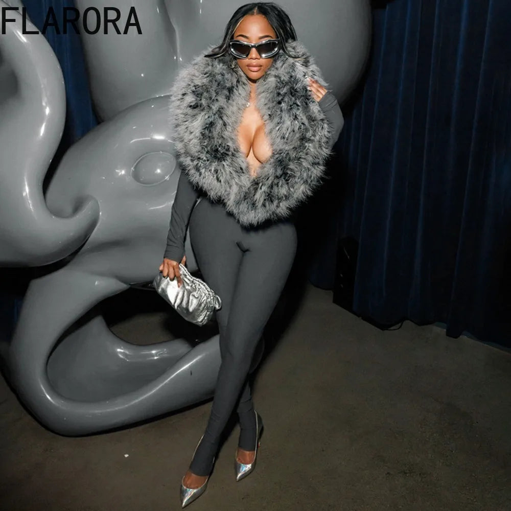 FLARORA Luxury Faux Fur Furry Patchwork Jumpsuits Woman Deep V-Neck Long Sleeve Slim One Piece Rompers Midnight Party Clubwear