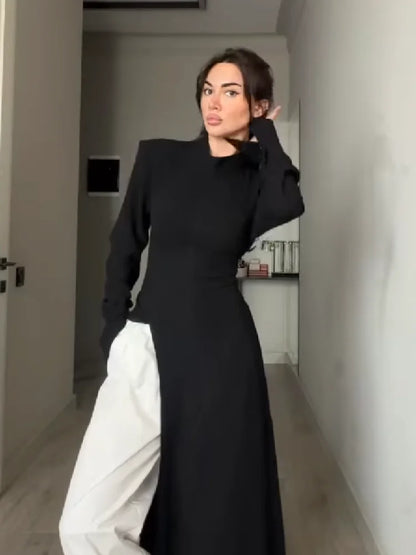 Women's Casual High Neck Long Sleeve Maxi Dress Elegant Waist Slimming Slit Hem Unique Wear Chic Lady Formal Work Meeting Outfit