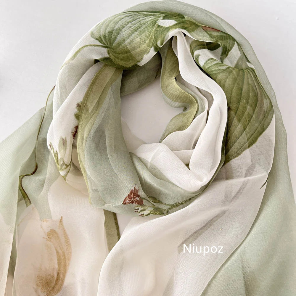 Gradient Lily Print Pretty Women Elegant Chiffon Georgette Bandana Scarf Summer Beach Sunscreen Thin Shawl