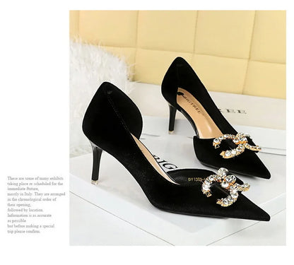 BIGTREE Party Pumps 7cm Thin High Heels Western Style Velvet Shallow Pointed Toe Side Hollow Crystal Pearl Bow Lady Shoes Pink
