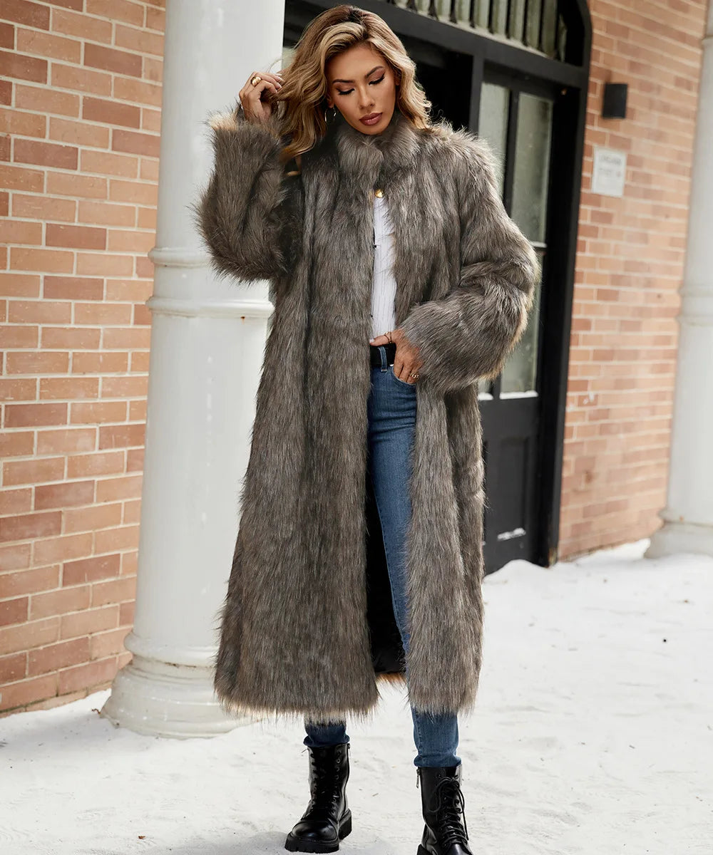 2026 Winter Stand Collar Faux Fur Long Coat Women Elegant Long Sleeve Fluffy Plush Jacket Lady Casual Thick Warm Furry Outwear