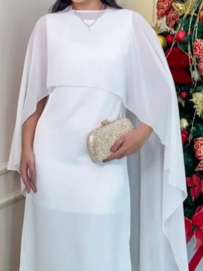 Sheer Cape Round Neck Maxi Dress For Woman Open Back Solid Plain Design Skirt Elegant Wedding Formal Evening Female Long Robes