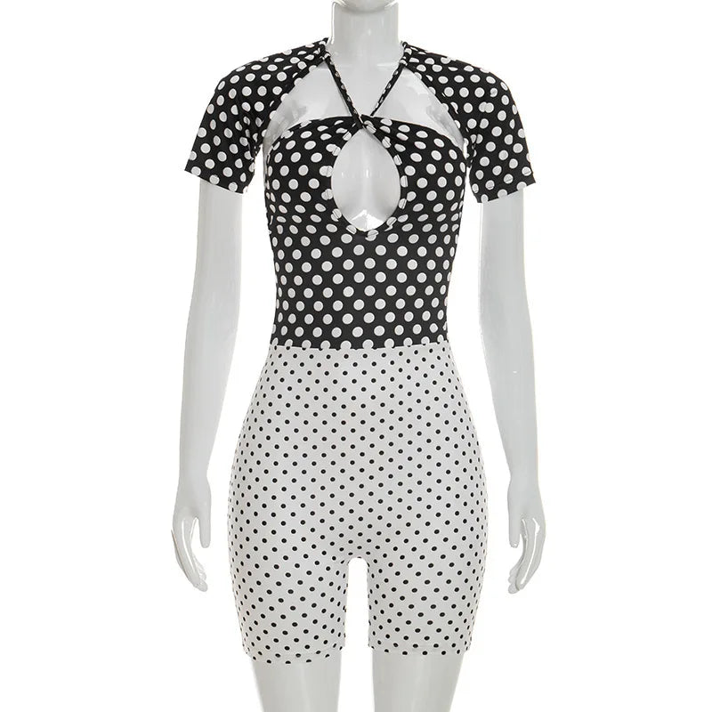 FLARORA Trend Color Blocking Rompers Woman Polka Dot Print Halter Bandage Backless Peach Hip Playsuits Sexy Midnight Streetwear