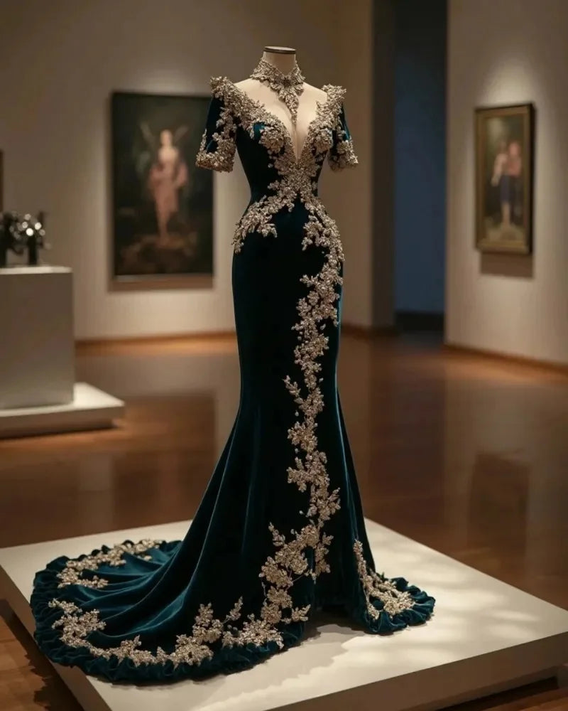 Blue Long Prom Dresses For Black Girls Short Sleeves Appliques South African Evening Gowns Birthday Party Robe Customized