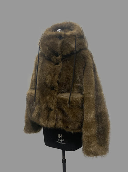 Nerazzurri Winter Short Oversized Thick Warm Shaggy Fuzzy Faux Fox Fur Coat Women Pockets Single Breasted Fluffy Hooded Jacket