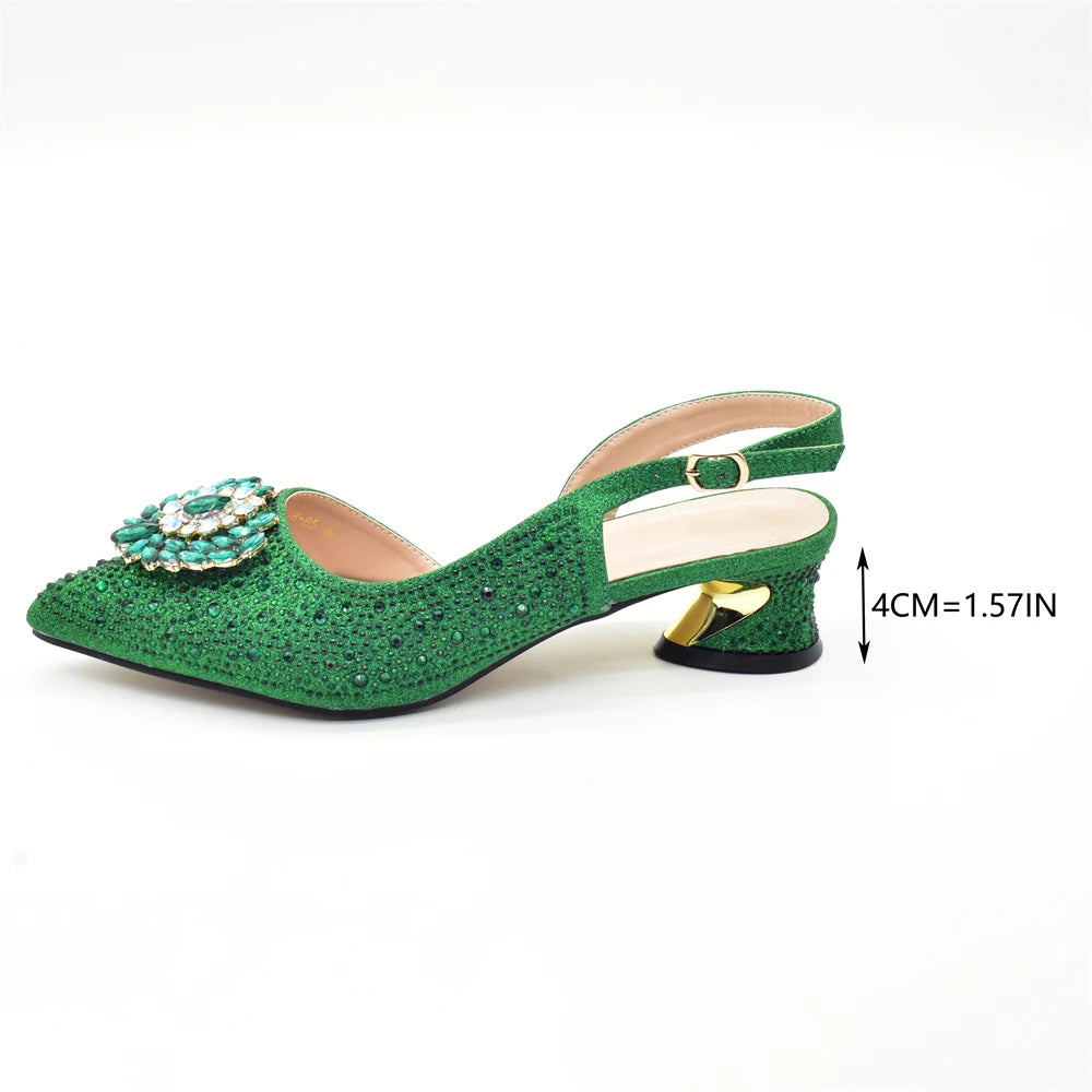 African Shoe and Bags Set for Wedding Nigerian Party Shoes and Bag Set Decorated with Rhinestone Elegant Heeled Pumps for Women