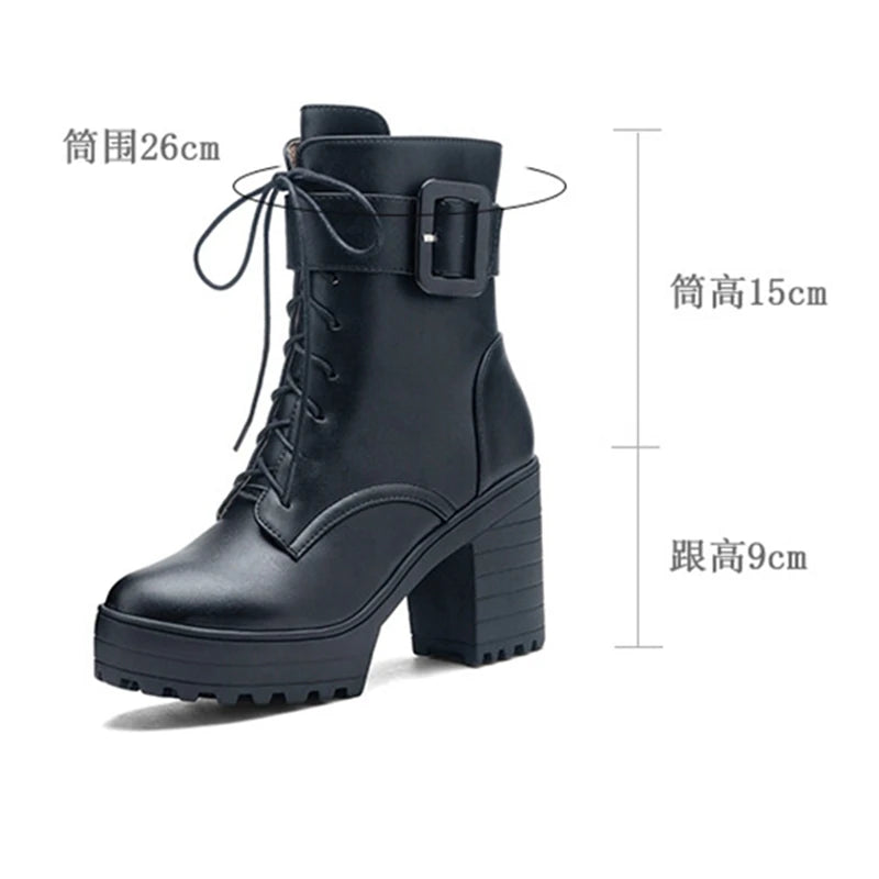 SIMLOVEYO Mortorcycle Ankle Boots Buckles Round Toe 9cm Block Heel Lace Up White Black Big Size 42 43 US12 Fashion