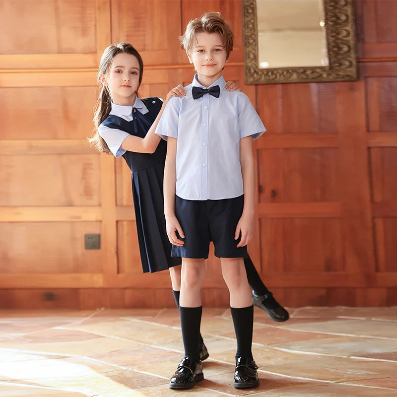 Girl Summer Evening Dresses Kindergarten School Uniform Boys Shirt Shorts Bowtie Wedding Suit Children Performance Costume