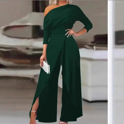 Casual Off Shoulder Jumpsuits Women Spring Autumn Irregular Ruched Wide Leg One Pieces Sets Office Ladies Elegant Party Romper