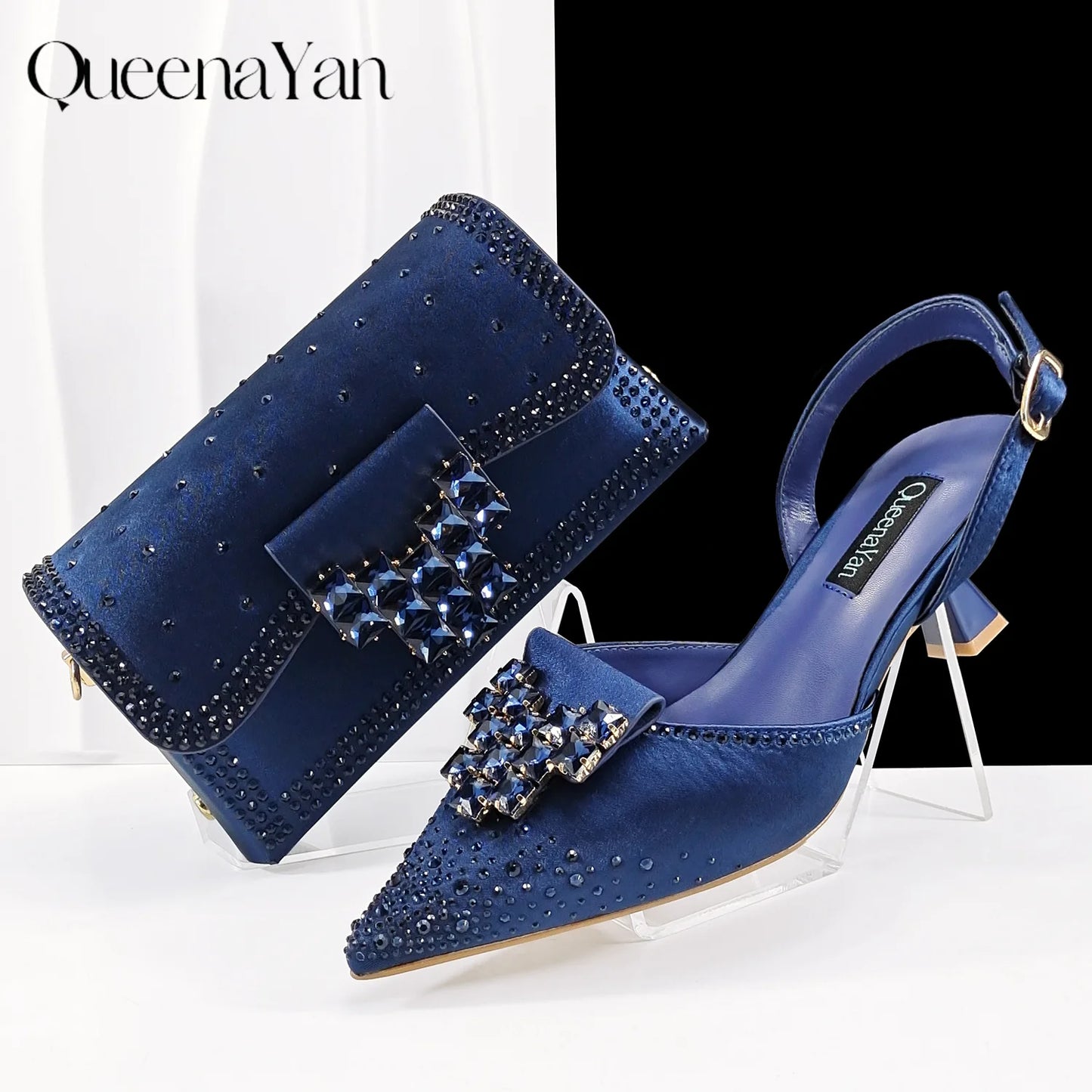 Queen Yan New Arrival Mature Style Embroider and Rhinestone Design Party Wedding Pointed Toe High Heel and Bag Set in Navy Blue