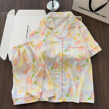 Women Summer Lapel Open Front Pajama Set Short Sleeve Top Shorts, Sweet Ins Teen Loungewear, Casual Daily Outdoor Home Wear Suit