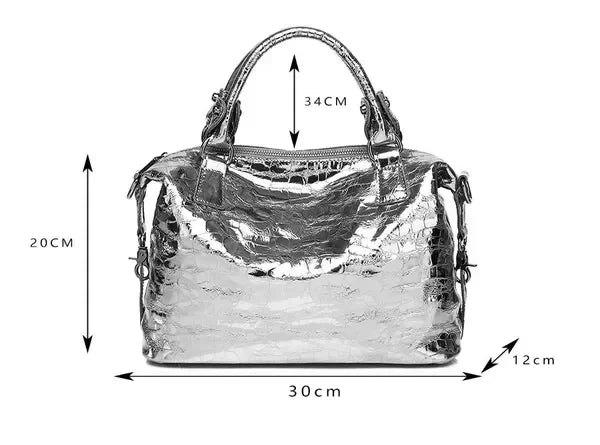 Real Leather Shiny Tote Handbags For Women Fashion Genuine Cowhide Leather Metallic Lady Bags With Shiny Embossed Coating