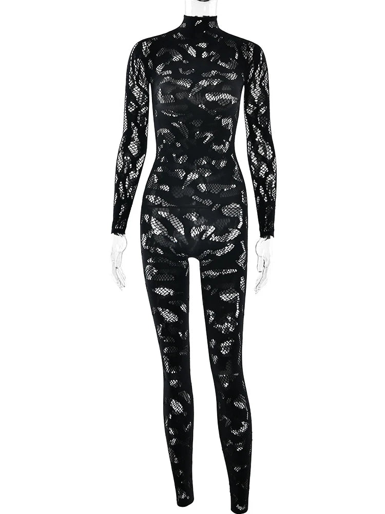 Weird Puss Irregular Hollow Jumpsuit Women Full Sleeve Button Sexy See Through Stylish Stretch Skinny Midnight Activity Overall