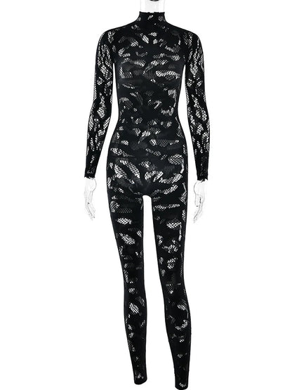 Weird Puss Irregular Hollow Jumpsuit Women Full Sleeve Button Sexy See Through Stylish Stretch Skinny Midnight Activity Overall