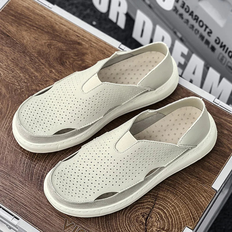 Mens Sandals Summer Handmade Leather Daily Wear Fashionable Walking Shoes Breathable Odor Proof Casual Loafers Plus Size Male