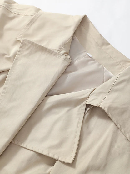 Women Khaki Long Color-block Stripe Trench Coat Wide Lapel Loose Drop Shoulder Blue Lining Slit Windbreaker Commute Outing Coats