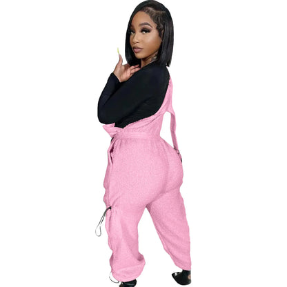 Lace Up Jumpsuit Women One Piece Jumpsuits Fur Rompers High Waist Spring Autumn Pants Mom Overalls Playsuits Elegant Pink