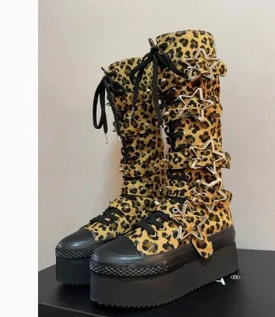 Canvas Patchwork Round Toe Belt Buckle Platform Knee-High Women Boots Height Increasing Sole Lace Up Design Large Size Shoes