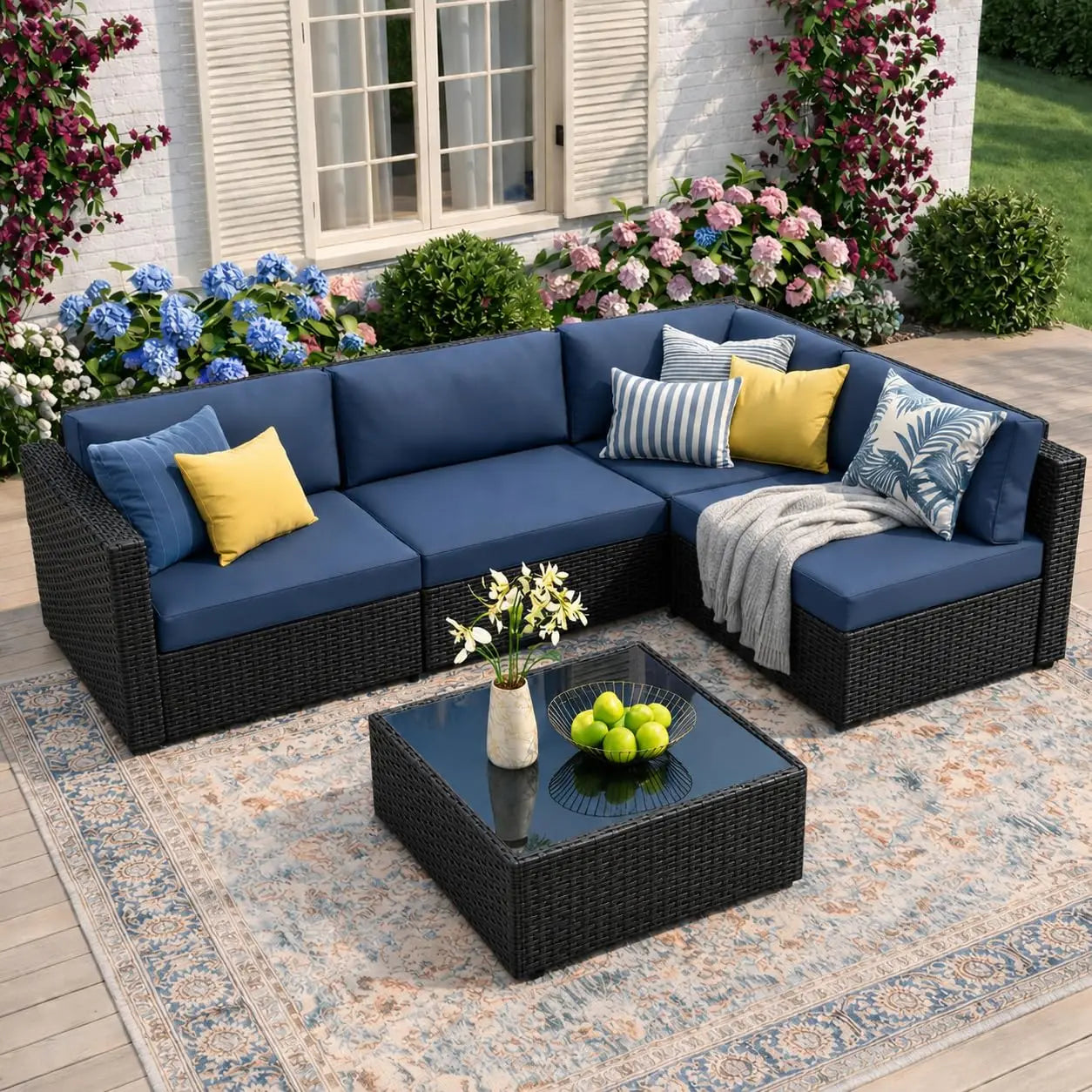5-Piece Patio Furniture Set, Outdoor Wicker Sectional Sofa with 4-Inch Thick Cushions & Coffee Table, All-Weather PE, Custom