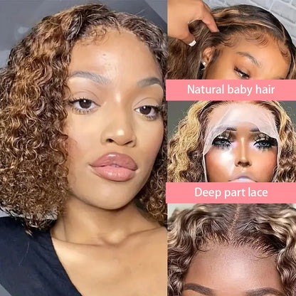 4/27 Highlight Short Bob Deep Water Wave 13x4 Lace Front Wigs 100% Human Hair Honey Blonde Ombre Colored Curly Lace Frontal Wig