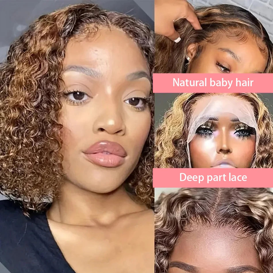 4/27 Highlight Short Bob Deep Water Wave 13x4 Lace Front Wigs 100% Human Hair Honey Blonde Ombre Colored Curly Lace Frontal Wig