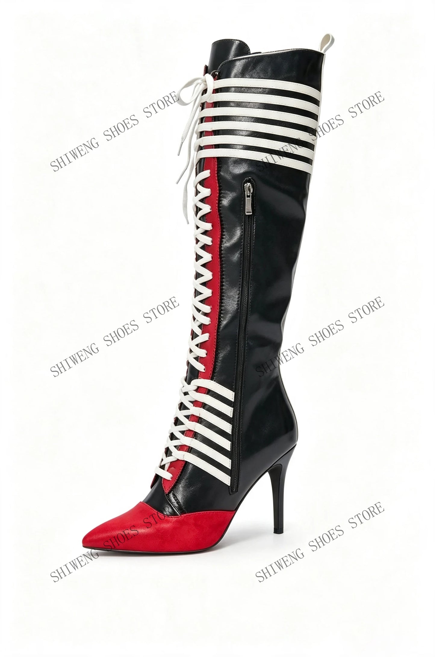 2026 New Black Red Color Block Striped Knee High Boots Women Full Lace Up Thin Stiletto High Heel Fashion Streetwear Long Boots