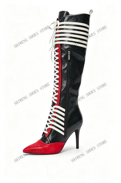 2026 New Black Red Color Block Striped Knee High Boots Women Full Lace Up Thin Stiletto High Heel Fashion Streetwear Long Boots