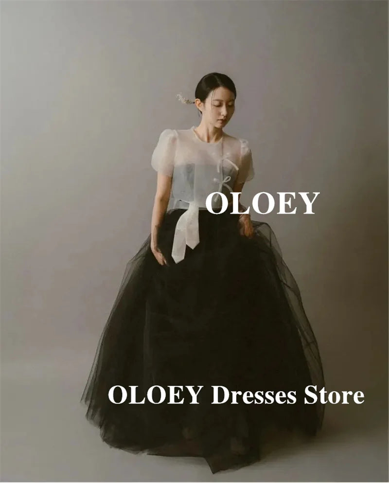 OLOEY Vintage 2 pcs Black And White Wedding Dresses Korea Photo shoot Hanbok Soft Tulle Bride Gowns Customized Formal Occasion