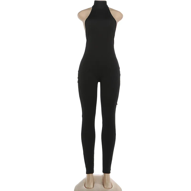 Sexy Skinny Jumpsuits Women Lift Buttocks Jumpsuit Solid Color Bandage Backless Halter Slim Yoga Fashion Overalls Streetwear