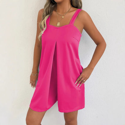 Women Sleeveless Strap Short Romper Heart Neck Pleated Wide Leg Jumpsuit With Pockets Loose Summer Casual Beach Vacation Outfit
