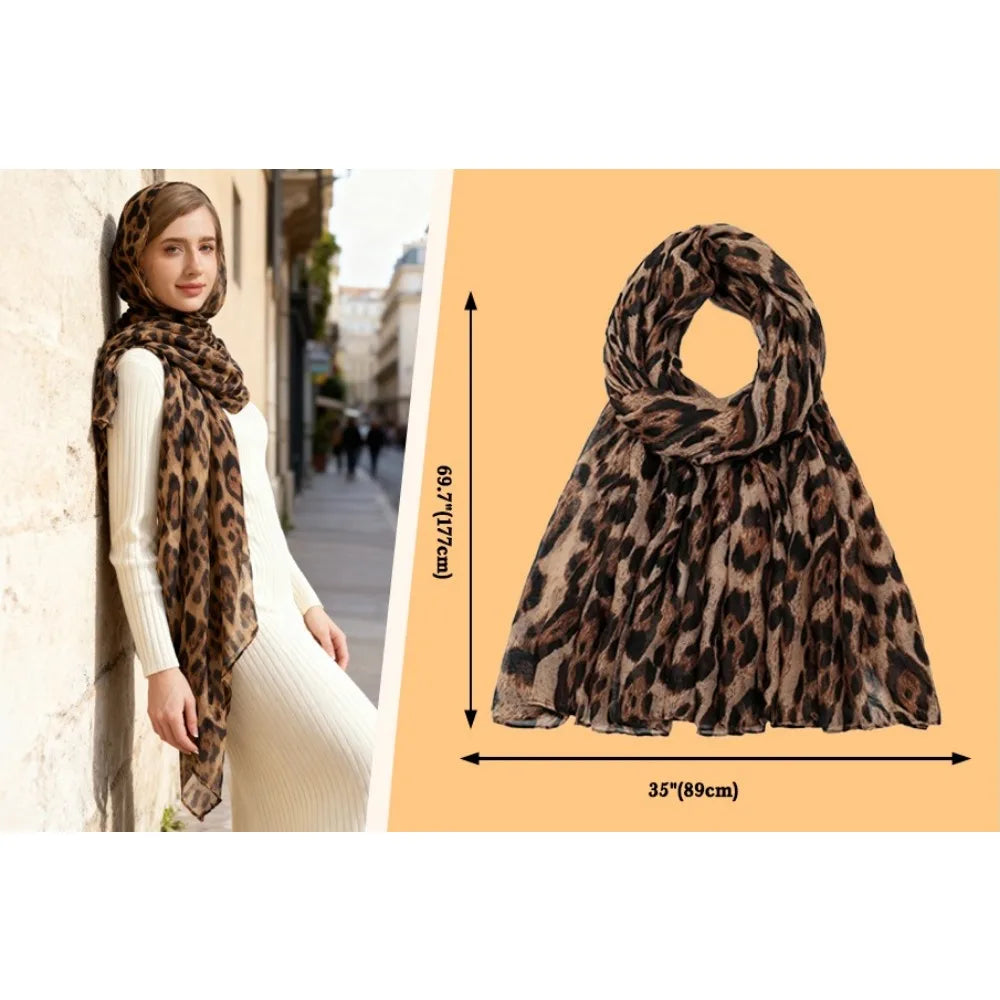 Lightweight Leopard Print Scarf for Women Fashion Head Cover Hijab Cotton Voile Scarf Shawl Wrap for Spring Fall Winter Season