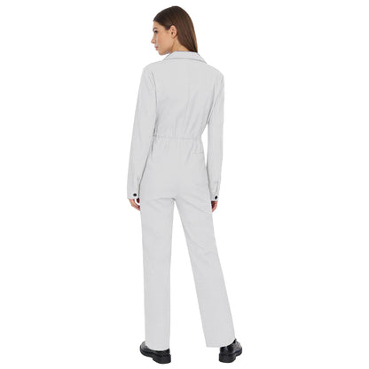 Womens Fashion Work Coverall Rompers Casual Solid Color Turn-Down Collar Long Sleeve Button Jumpsuit Travel Holiday Cargo Pants