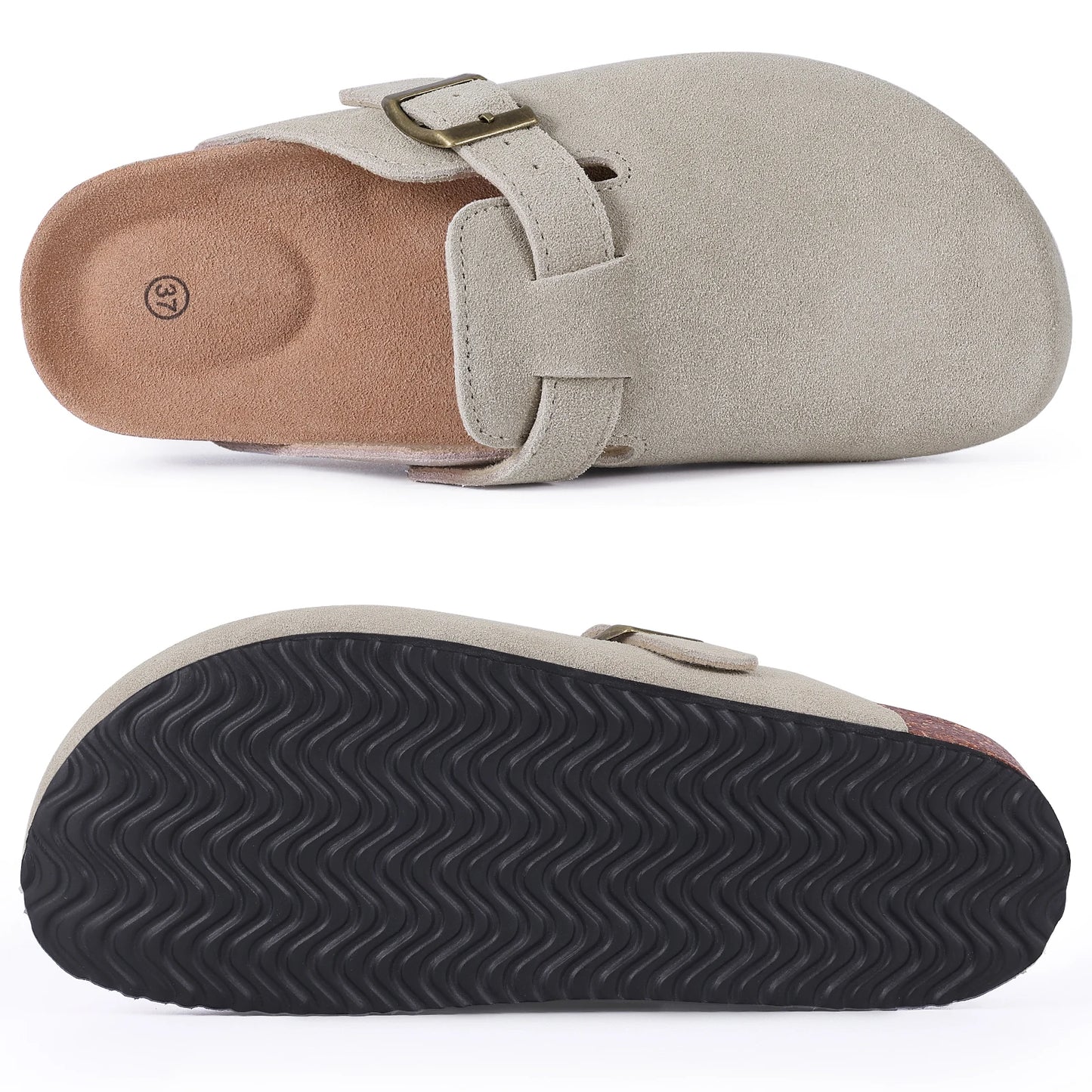 Kidmi Genuine Leather Clogs Cork Footbed Indoor and Outdoor Slippers Cow Suede Mules With Adjustable Strap