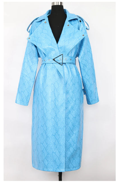 Nerazzurri Spring Autumn Long Oversized Colorful Snakeskin Print Patent Leather Trench Coat for Women Belt Runway Fashion 2022