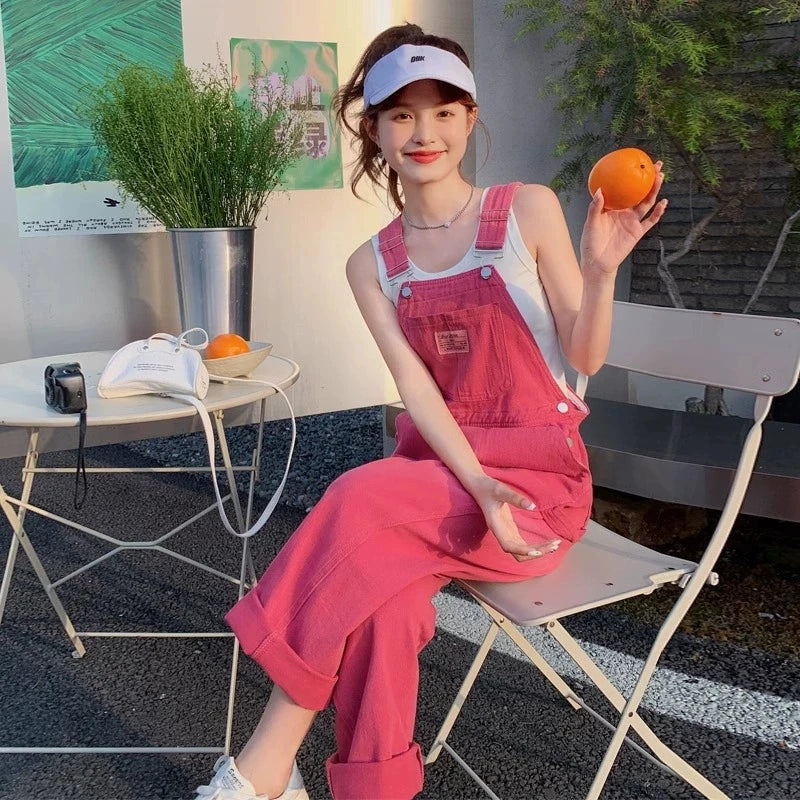 Vintage Pink Denim Overalls Adjustable Strap Wide Leg Jumpsuit Y2K Cute Campus Casual Pants