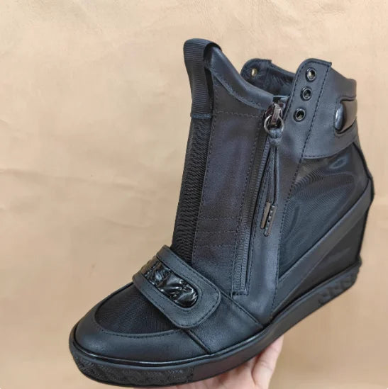 Mesh Net Height Increasing Ankle Boot 8CM Round Toe Hook Loop Leisure Shoes Zipper Rubber Sole Wedge Shoes Black White