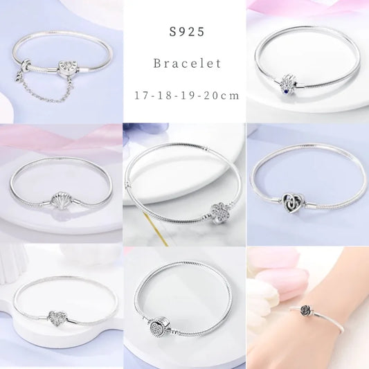 Silver 925 Bracelet Original Bracelets Colorful Zircon Heart Flower Cat Snake Chain For DIY Charms 17-20CM Luxury Jewelry Gifts