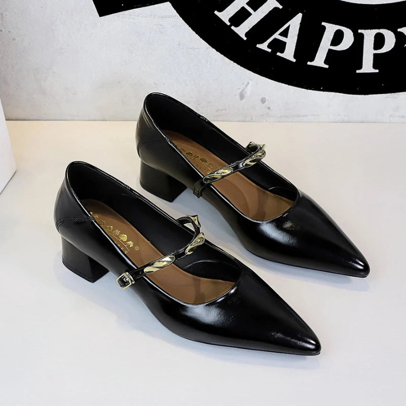 Women Korean Vintage Soft Split Cow Leather Pointed Pumps Simple Single Metal Buckle Strap Mid Chunky Heel Comfort Office Daily