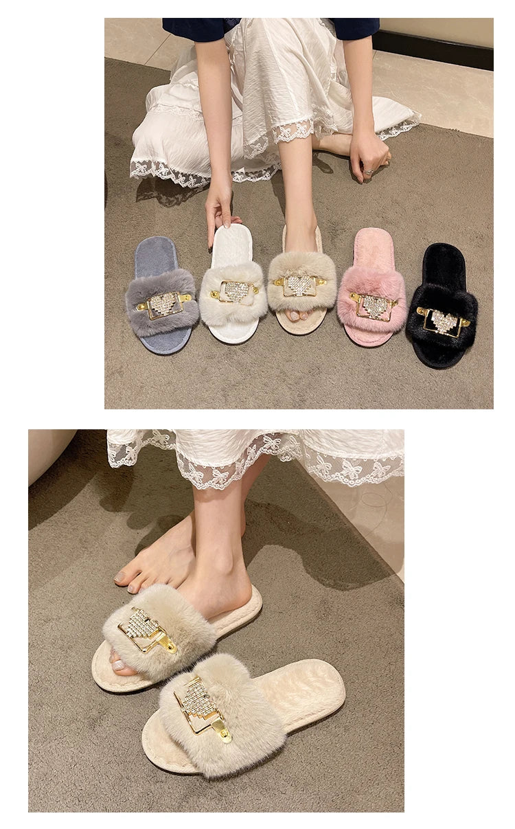 Love Chain Fluffy Women's Slippers Home Fashion Luxury Designer Shoes Woman Autumn Winter Faux Fuzzy Fur Slides Indoor Elegant