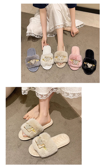 Love Chain Fluffy Women's Slippers Home Fashion Luxury Designer Shoes Woman Autumn Winter Faux Fuzzy Fur Slides Indoor Elegant