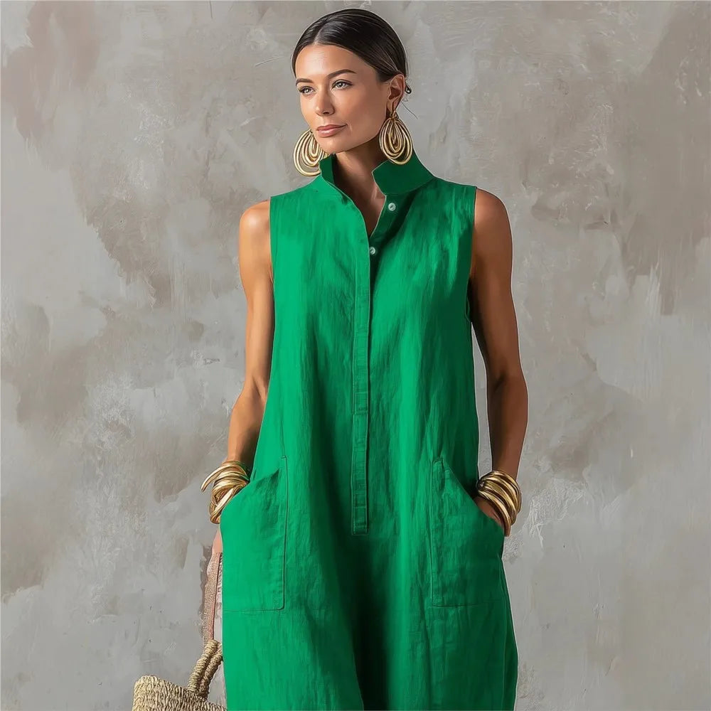 Elegant Women's Sleeveless Linen Blend Jumpsuit Button Down Collared Romper Casual Loose Summer Beach Vacation Boho Jumpsuits
