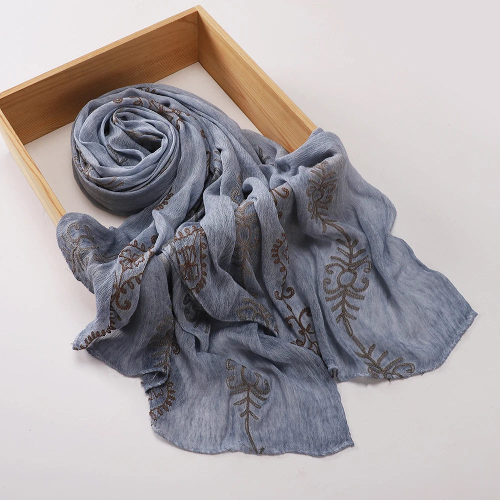 Vintage Crinkle Embroidery Hijab Textured Fabric Muslim Shawl Headscarf Soft Breathable Islamic Women Head Wrap Scarf