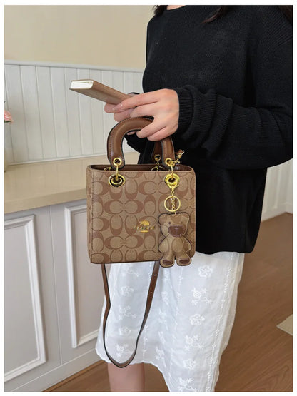 Luxury Women Bag 2026 New Vintage Classic Monogram Handbag Fashion Designer Ladies Tote Crossbody Bag with Bear Charm