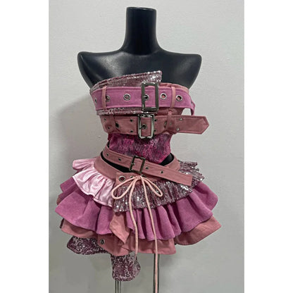 Women New 2 Piece Set Sexy Strapless Tops + High Waist Skirt Female 2000s Aesthetic Punk Style Retro Chic Korean Popular Clothes